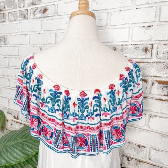 K. Jordan Bright Pink & Blue Embroidered Floral Off Shoulder Tassel Boho Top M - Picture 6 of 10